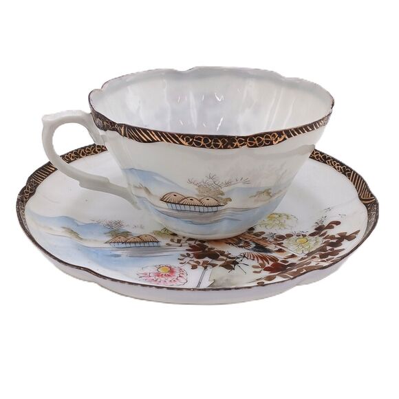 Vintage Japanese Kutani Style Hand Painted Cup And Saucer Eggshell Porcelain - Picture 2 of 16